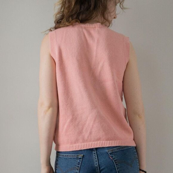 Vintage 90s Pink Cottage Coquette Floral Embroidered Knit Women's Sweater Vest - Picture 2 of 8